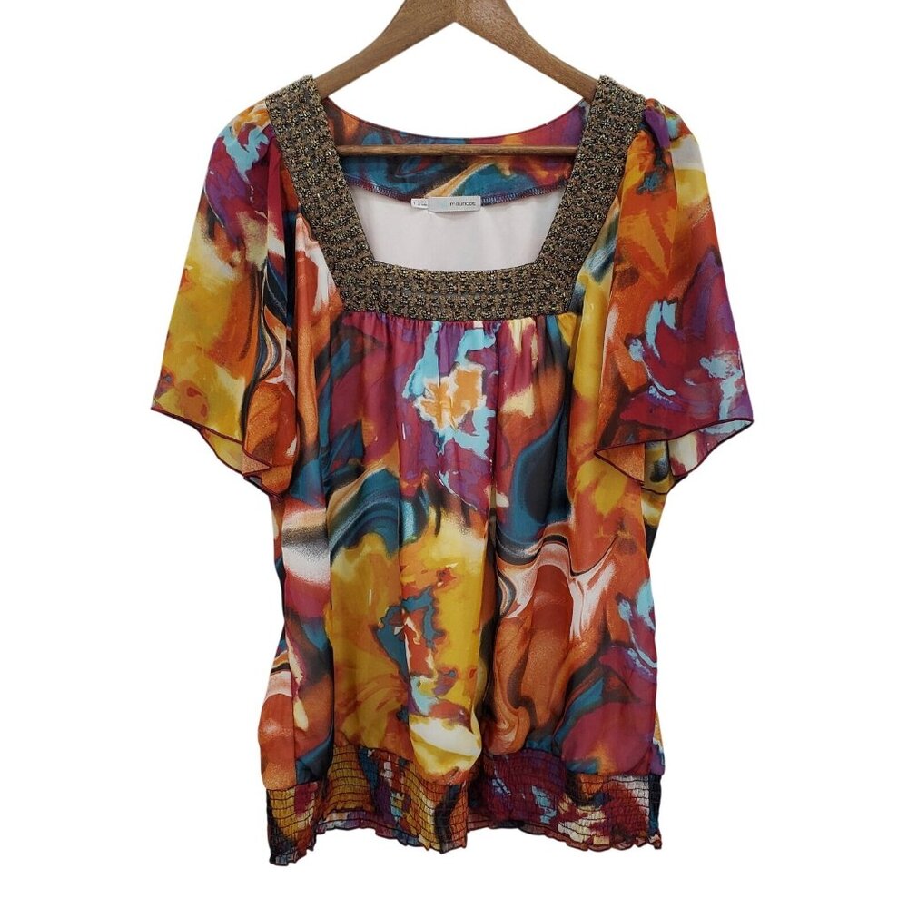 Maurices Multicolor Abstract Print Beaded Blouse Womens Size 1 (1X) Sheer Lined
